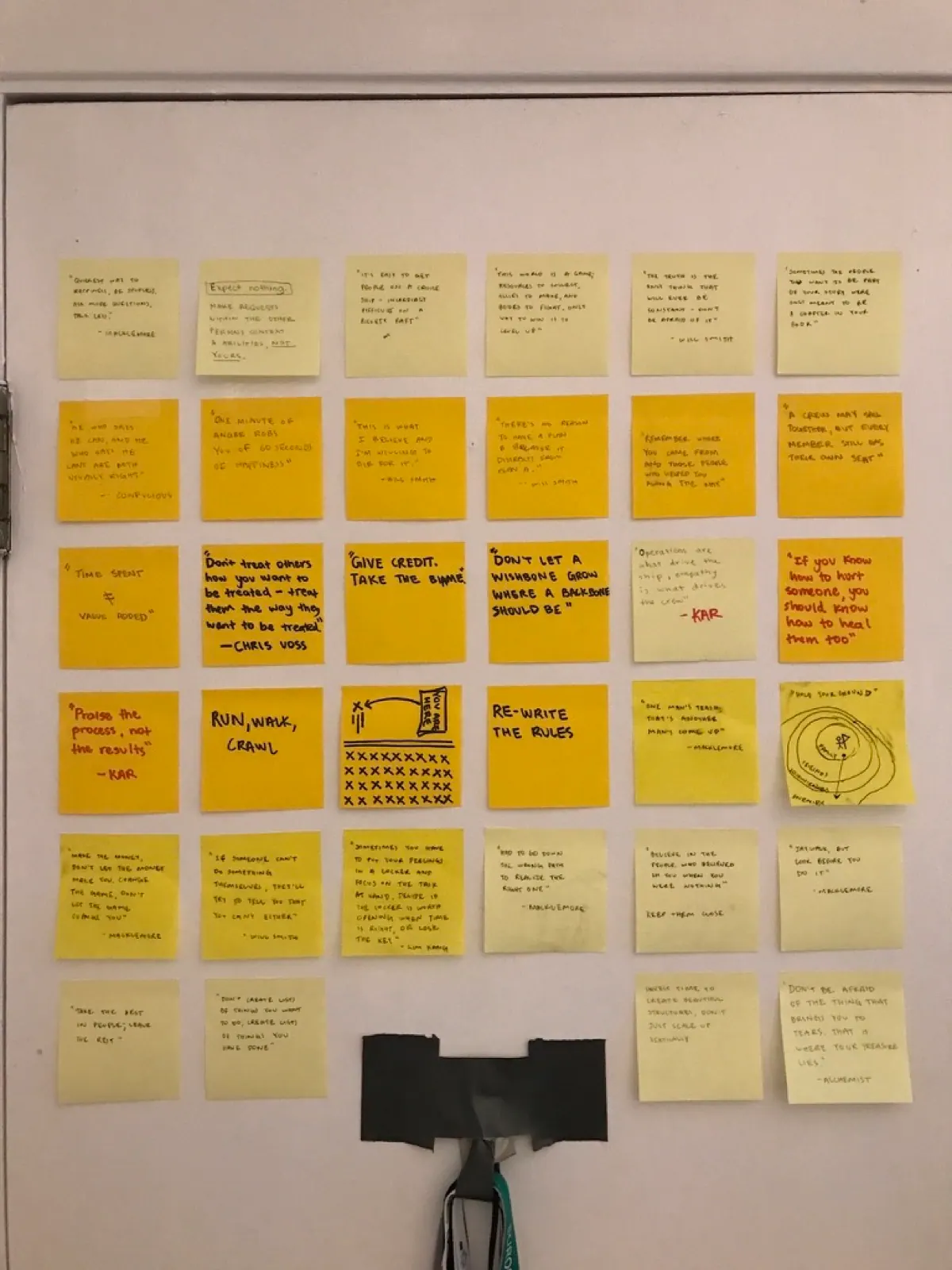 A wall of collected phrases, reminders, and quotes.